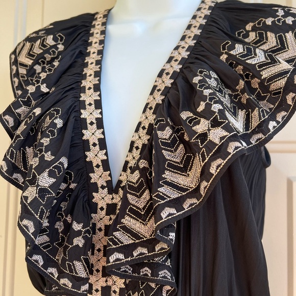 Ramy Brook Camden Embroidered Maxi Dress Size S Black Gold Pockets Smocked - Picture 2 of 14